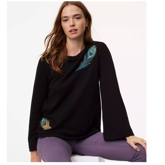 Loft Black Peacock Embroidered Pullover Sweatshirt Sweater - Picture 1 of 6